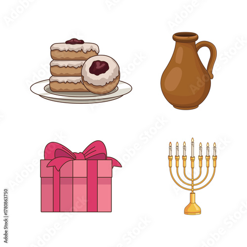 Chanukah jewish holiday icons set. Flat illustration of 16 chanukah jewish holiday icons isolated on white
