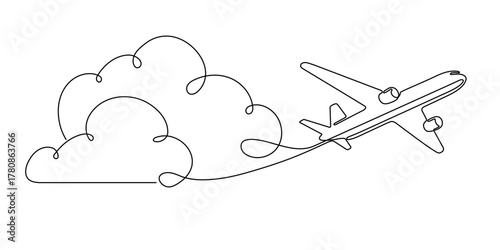 An airplane flying in the clouds. Around the world trip .Continuous line drawing. Vector illustration .