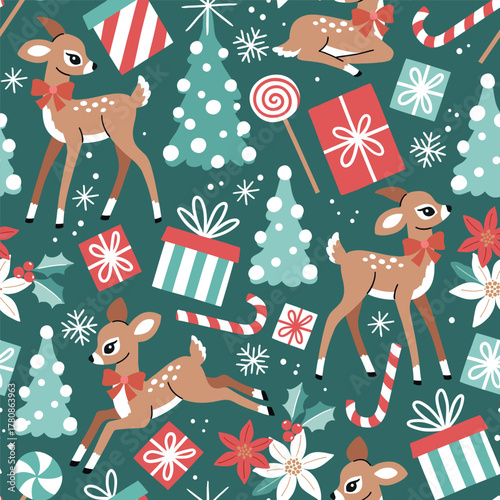 Cute vintage deer with Christmas tree and gifts. Hand drawn Christmas fawn, poinsettia and candy cane. 