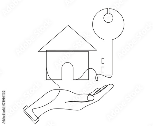 Continuous line art of a hand and a house with keys. The concept of success and hard work.