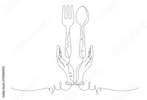Continuous line art of a hand with a spoon and fork. This icon is for a sticker and banner in a restaurant.