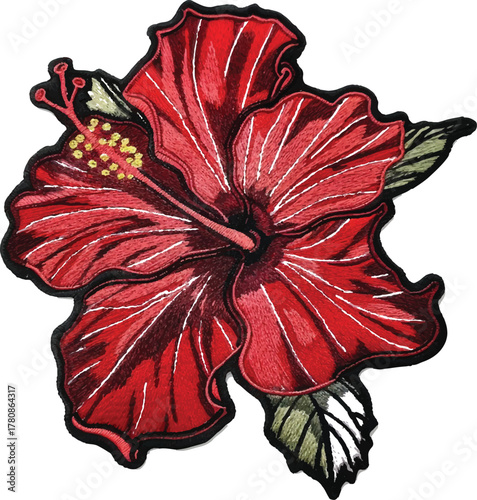 red hibiscus flower embroidered patch, white background, crisp lines, no shadows, 45-degree angle view