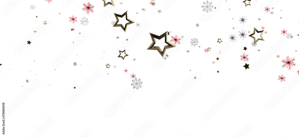 Obraz premium Festive background of gold stars and snowflakes falling on a white background. Suitable for Christmas, winter holidays, and celebrations. Perfec