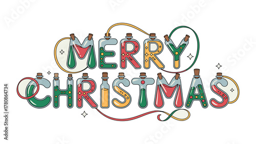 Christmas Potion: Festive letters with liquid inside jars that compose word Merry Christmas, perfect for a joyful festive holiday.