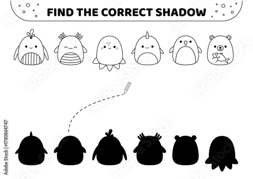 Find the correct shadow. Animals of North Pole. Black and white. Shadow matching game. Isolated vector illustration eps 10