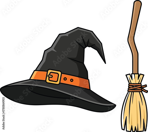 Witch hat and broomstick for halloween isolated on white background