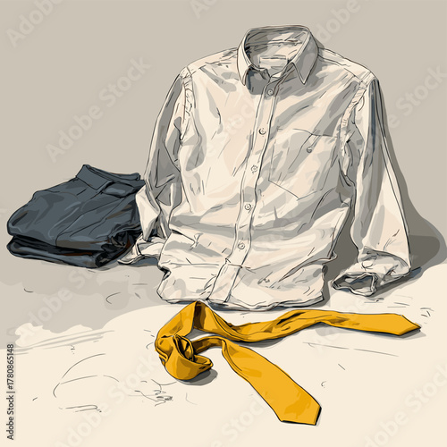 Vector illustration of a dirty dress shirt and pants with a scruched up tie