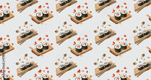 Seamless sushi pattern inspired by Japanese cuisine. Ideal for restaurant branding and kitchen decor.