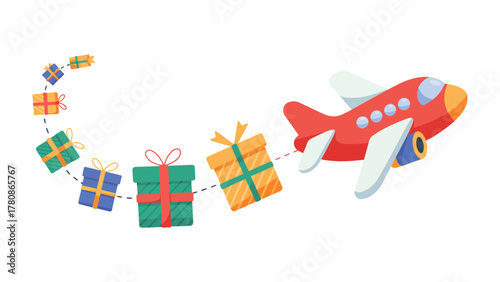 Air Delivery of Festive Joy: A vibrant illustration depicts a playful red airplane soaring through the sky, trailing a delightful chain of colorful gift boxes, ready to spread happiness.