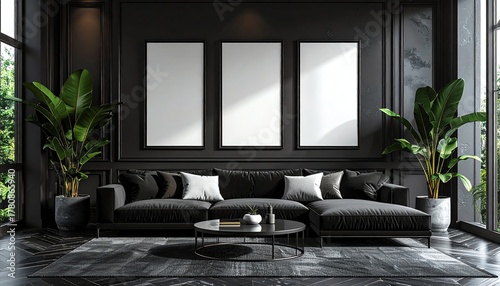 Modern dark living room decor features large plants, black sofa, blank wall art, and natural light from big windows for a sophisticated atmosphere.