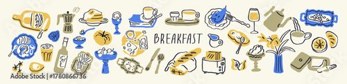Doodle Dolce Vita style food and drink set. Italian breakfast snack drawings. Egg and pancakes, bread and baguette, coffee glass, wine and tea cup, butter, cheese. Isolated flat vector illustrations.