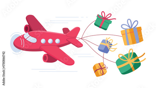 Gift Delivery Airplane: A cartoon airplane, adorned in vibrant colors, swiftly delivers presents, symbolizing the joy of giving, conveying happiness and celebration.