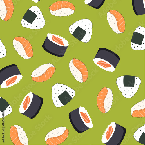 Japanese Food Seamless Pattern with Sushi, Sashimi, and Onigiri. A detailed Japanese food background. Perfect for wallpaper, wrapping paper, packaging design, and fabric prints