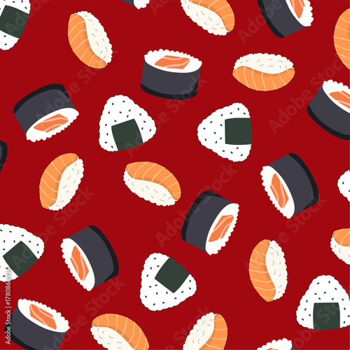 Japanese Cuisine Seamless Pattern. Sushi, Sashimi, Onigiri Repeat Background. Sushi Seamless Pattern