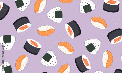 Japanese Cuisine Seamless Pattern. Sushi, Sashimi, Onigiri Repeat Background. Sushi Seamless Pattern