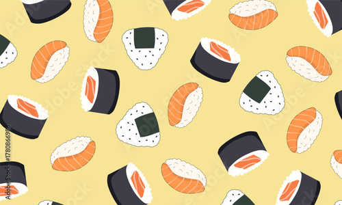Japanese Cuisine Seamless Pattern. Sushi, Sashimi, Onigiri Repeat Background. Sushi Seamless Pattern