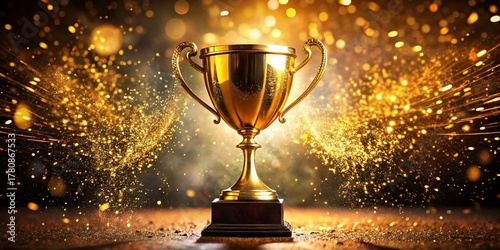 Close-up of a Golden Trophy with Sparkling Dust, Symbolizing Success and Triumph
