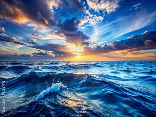 Serene Blue Ocean Landscape: Calming Waves & Soft Light