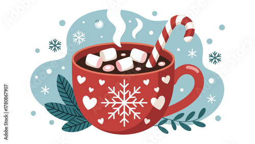 Fotografija Winter Beverage Delights: A cozy illustration showcases a steaming mug of hot chocolate adorned with marshmallows and a candy cane, evoking warmth and festive cheer