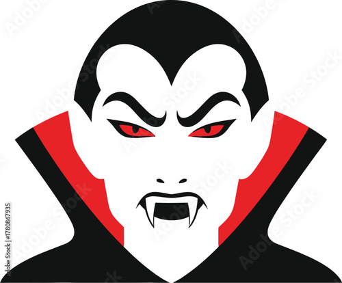 Vampire face with red eyes and fangs isolated on white background