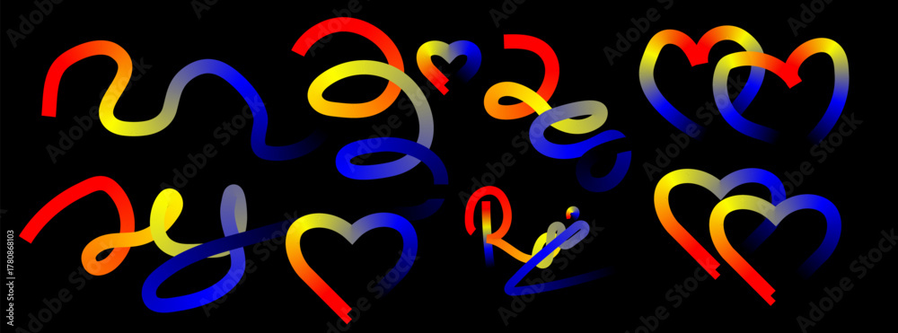 Fototapeta premium Colorful gradient ribbons and heart shapes on a black background design