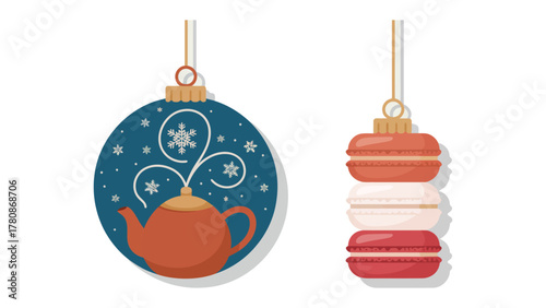 Festive Ornaments Delight: Charming ornament that features a teapot and macaron decoration, perfect for holiday decor and adding warmth to any space.