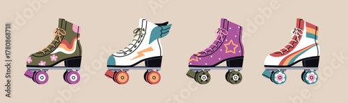 Retro fashion roller skates, side view. Vintage rollerskates, four-wheeled quad shoes in 80s style. Sport boots, stylish skating footwear decorated with wings, flowers. Flat vector illustrations set.