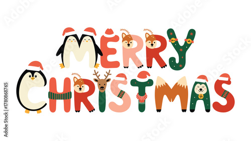 Festive Christmas Typography: Playful depiction of Merry Christmas adorned with charming illustrations, evoking holiday cheer and seasonal joy.