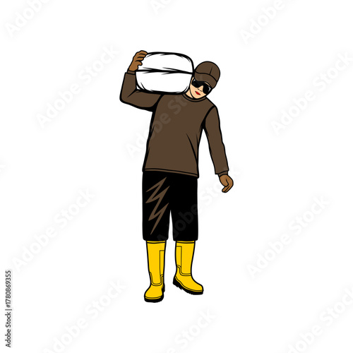 a man carrying a sack on his shoulder is seen in the foreground vector illustration