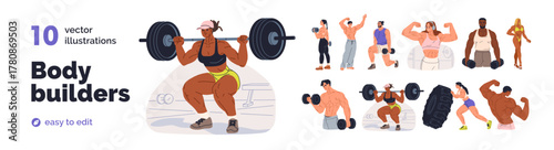 Set of bodybuilders training muscle strength, power. Sports professionals during bodybuilding workout, gym exercising, heavy weight lifting. Flat vector illustrations isolated on white background.