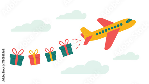 Airplane Delivering Gifts: An illustrated airplane flies through the sky, trailing a line of colorful wrapped gifts, signifying joy and travel.