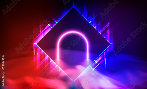 Futuristic neon arch portal inside glowing diamond frame with pink blue lights and soft mist, perfect for sci fi tech banners and backgrounds. Abstract digital art style.