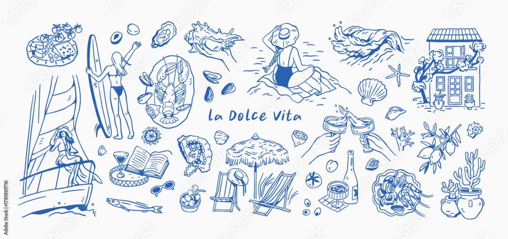 Fototapeta premium Dolce Vita summer vacation set. Doodle-style beach holiday and Mediterranean sea resort. Italian sketches with woman, yacht, food, leisure. Hand-drawn vector illustrations isolated on white background