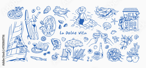 Dolce Vita summer vacation set. Doodle-style beach holiday and Mediterranean sea resort. Italian sketches with woman, yacht, food, leisure. Hand-drawn vector illustrations isolated on white background