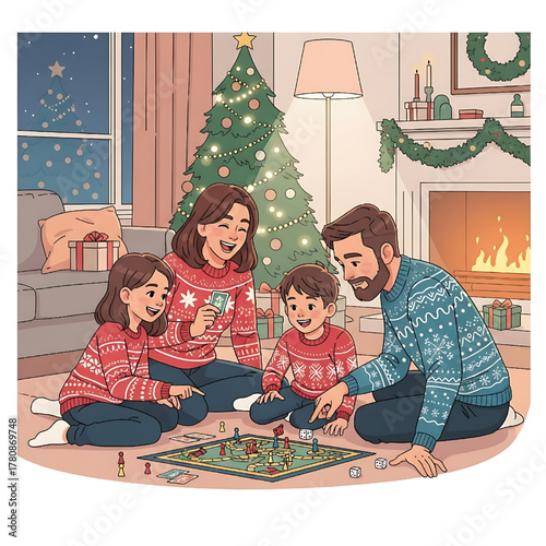 Family Christmas Scene Playing Board Game by Fireplace