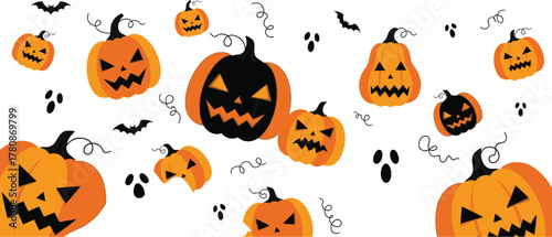 Halloween background with pumpkins, ghosts, and bats isolated on white background