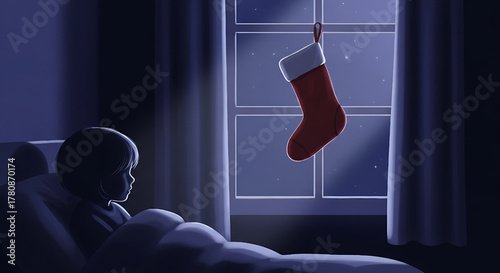 Child Waiting for Santa Christmas Stocking on Christmas Eve