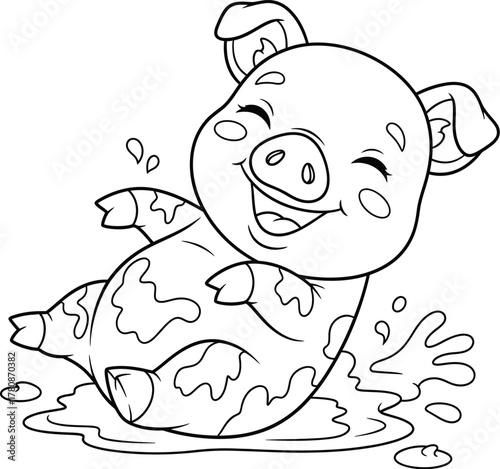Happy Cartoon Pig Splashing in Mud Outline - Playful Farm Animal for Kids' Coloring Books