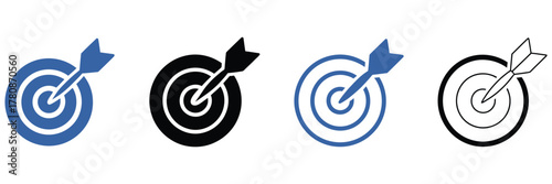 Target icon sheet vector collection featuring multiple styles including bullseye, crosshair, aim, and precision symbols for shooting, archery, navigation, and user interface design projects.