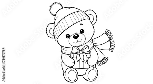 Black and white illustration of a teddy bear wearing a hat and scarf.