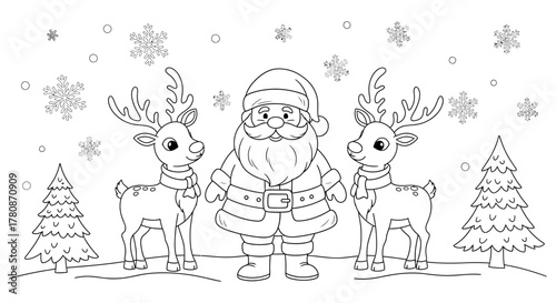 A black and white illustration of Santa Claus standing between two reindeer with snowflakes and trees.