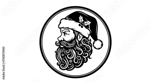 Detailed black and white illustration of Santa Claus head in profile with a curly beard and holly on his hat, enclosed in a circle.