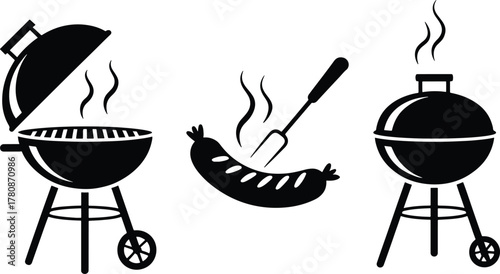 Barbecue Grill Collection with Sausage and Fork Ready for Cooking