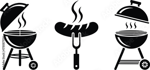 Black and white graphic of outdoor barbecue grills and grilled sausage