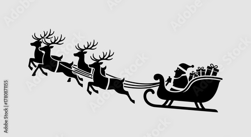 Silhouette of Santa Claus riding in his sleigh pulled by reindeer against a plain background.