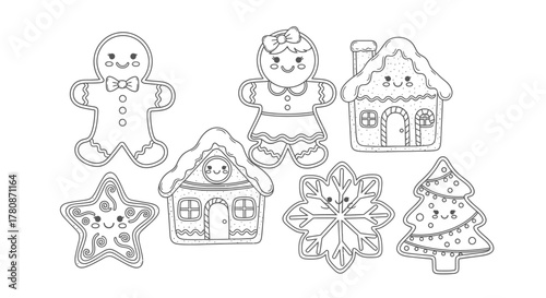 Cute Christmas gingerbread cookies and houses outline drawings for coloring.