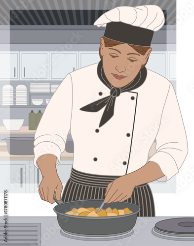 people food, female line chef stirring food in a pan on the stove with a professional kitchen in the background