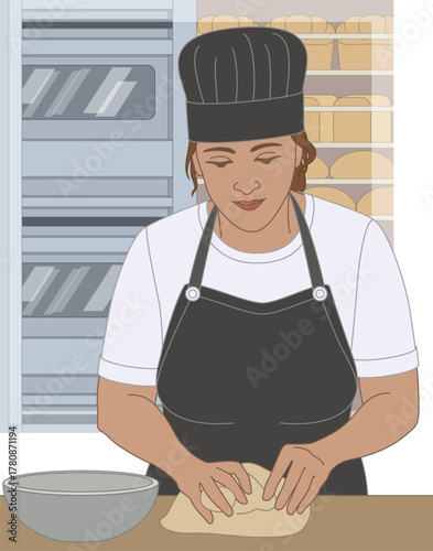 people food. female baker kneading dough with ovens and rack of bread in the background