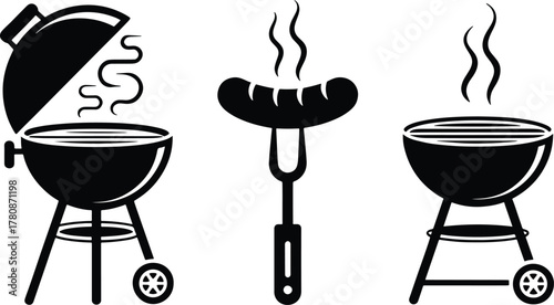 Black and white illustration of outdoor barbecue grill cooking food