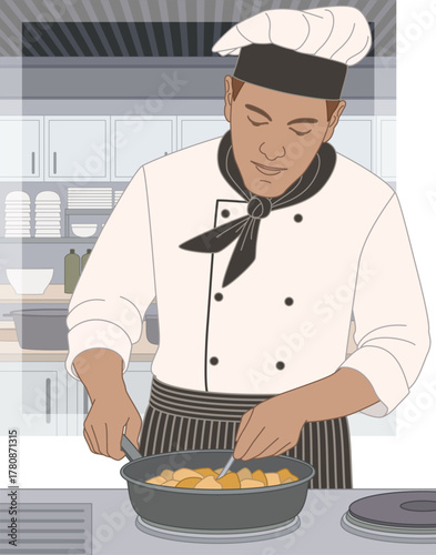 people food, male line chef stirring food in a pan on the stove with a professional kitchen in the background